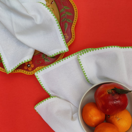 Emma White Embroidered Napkin - Lime Green