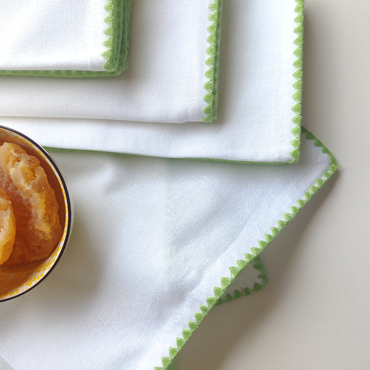 Emma White Embroidered Napkin - Lime Green